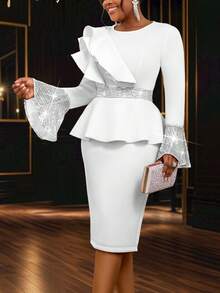 Vestido blanco de fiesta de longitud a la rodilla con volantes asimétricos, manga larga abombada, peplum con lentejuelas. Atuendo para cita, fiesta, boda, dama de honor, graduación, invitado de boda. - Blanco - Ver 4