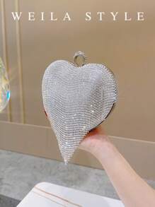Rhinestone Embellished Heart Shaped Luxury Tassel Evening Clutch Bag, Diamond Wedding Party Handbag, Silver Envelope Purse, High-End Fashion Elegant Evening Dress Bag Crossbody Bag