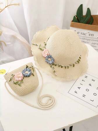 2 件夏季花卉青年沙滩帽和零钱包，可爱编织草编小袋和青少年斜挎包