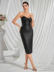 Black Gold Stamped Sheath Sleeveless Hip Wrap Evening Gown, Party Dress, For Cocktail