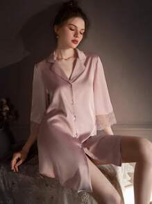 Sexy Underwear Spring And Summer Thin Boyfriend Wind Lace Pajamas Ice Silk Long Sleeve Comfortable Shirt Nightdress Suit Ladies' Home Clothes Sexy Lingerie Set