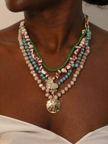 1pc Baroque Pearl & Natural Coconut Shell Beads Multi Layer Necklace, Suitable For Women Daily Wear