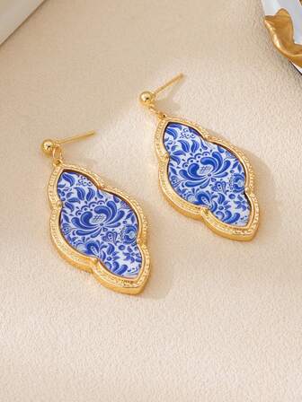 1 对中国风合金青瓷碎片耳环，新中式复古优雅几何耳环