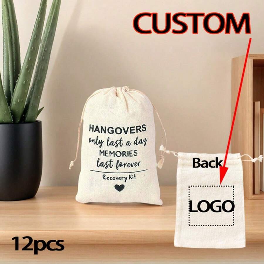 12pcs Customized Creative Printed Drawstring Bags, Fashion Gift Pouches For Jewelry/Storage, Convenient Carrying, High Quality, Versatile, Suitable For Father's Day, Mother's Day, Thanksgiving, Outdoor, Picnic, Party, Gift Giving - Beige - View 1