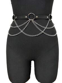 1 件装 女式黑色皮革腰带 链条背带 腰封 朋克哥特式服装配饰 日常使用 - 金色 - 查看 4