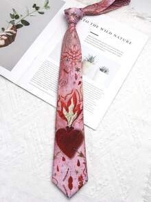 1 件红色心形和樱桃图案领带，休闲街头服饰，适合日常穿着和婚礼男士领带