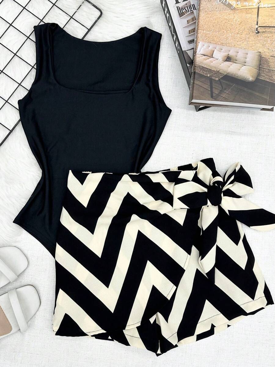 AMYLAN FASHION Women's Set Of Suplex Bodysuit + Skirt With Printed Shorts With Lining - Đen và sâm panh - Xem 1