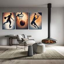 Ensemble de 3 peintures murales sur canevas avec cadre représentant des silhouettes de basketteurs, pour la décoration de la chambre d'ado, du salon, de la salle de bain, de la chambre, de l'hôtel, du Bed & Breakfast, du couloir, du studio, de la salle de classe, du gymnase, de la salle de sport, de la chambre d'enfant, du bureau à domicile. Prêt à accrocher.