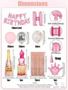 Set de 74 piezas de decoración de fiesta rosa para mujeres, incluye globos corona rosa, botella para fiesta, globos de letras rosas, globos de látex de confeti de colores, cortina de flecos, pancarta de feliz cumpleaños, adecuado para decoración de 20, 30, 40, 50 y 60 cumpleaños - Rosa - Ver 3