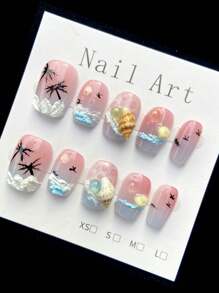 10 Pieces Of Handmade Fantasy Ocean Press On Nails,Summer Nails, Exquisite Shell Decoration, Press On Nails Coffin,Fashionable Design Coffin-Shaped Full-Coverage Nail Pieces, Creating A Sophisticated Look, Suitable For Women And Girls To Wear Daily Or On Holidays.