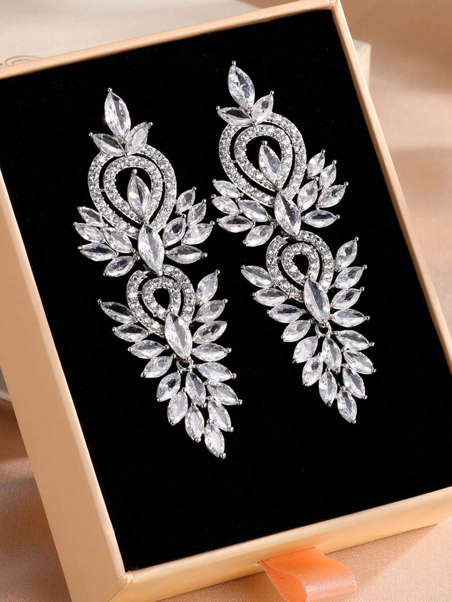 1 Paar elegante Ohrringe mit Blatt-Design umhüllt von kubischem Zirkonia, geeignet für Hochzeiten und als Geschenk
