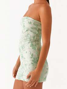 Sequin Beaded Floral Dress Sexy Women Strapless Tube Dress Y2K Off The Shoulder Mini Dress Sparkly Glitter Bodycon Short Dress Bandeau Dress Party Clubwear - 綠色 - 查看 4