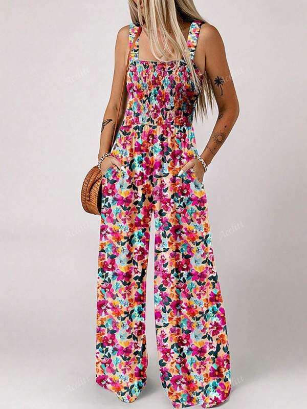Acelitt Combinaison ample à jambes larges avec col carré, liens à la poitrine et imprimé floral multicolore pour l'été