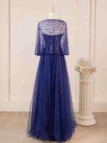 Nuovo elegante scialle in rete decorato con perline e paillettes e abito in rete senza spalline, con scialle incluso, abito da sera, da cerimonia, da matrimonio, per occasioni formali