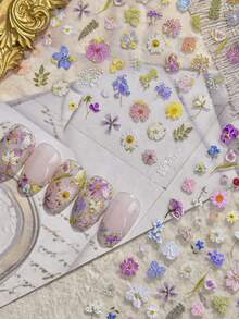 Flower Nail Stickers For Nail Art - Flowers Nail Art Stickers Summer Floral Leaf Plant 5D Embossed Nail Decals Self-Adhesive Nails Supply Manicure Sliders Flower Stickers For Nails Decoration - Multicolor - View 2