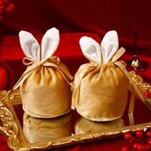5pcs Velvet Tassel Drawstring Pouches With Cute Rabbit Ears, Wedding Candy Bags, Marriage Ceremony Favor Bags, Little Gift Bags With Ribbons