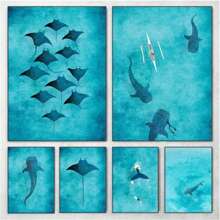1 Pc Optional Frame Posters Wall Arts Animals Blue Watercolor Ocean Marine Organism Whale Shark Manta Rays Poster Sea Beach Surf Canvas Painting Wall Art For Room Home Decor Coastal Decor Coastal Decor Beach Decor, Wall Art With Frame