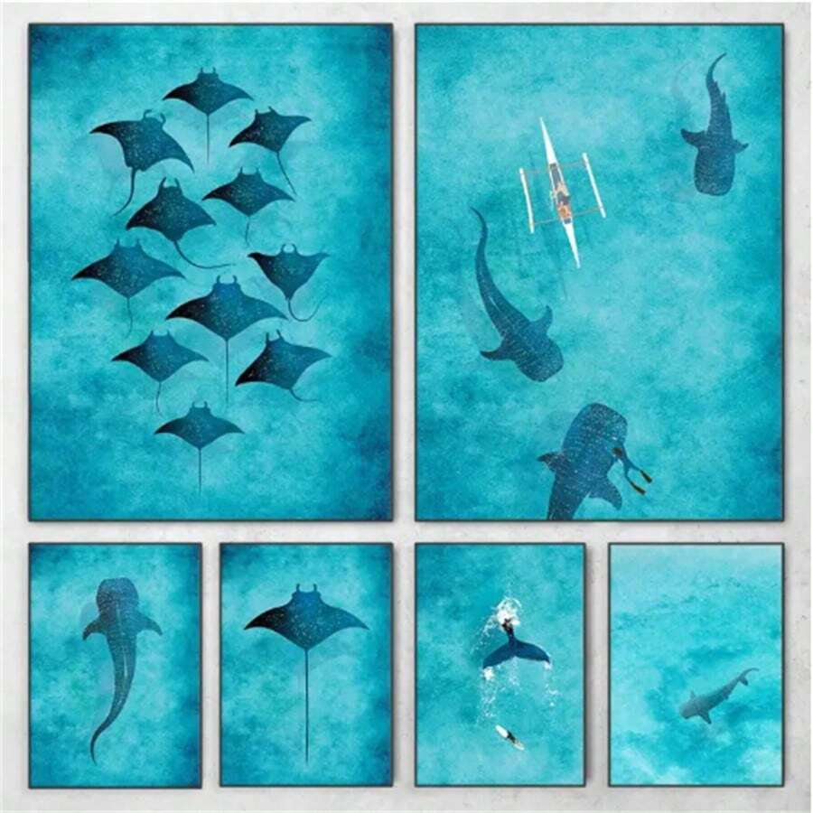 1 Pc Optional Frame Posters Wall Arts Animals Blue Watercolor Ocean Marine Organism Whale Shark Manta Rays Poster Sea Beach Surf Canvas Painting Wall Art For Room Home Decor Coastal Decor Coastal Decor Beach Decor, Wall Art With Frame