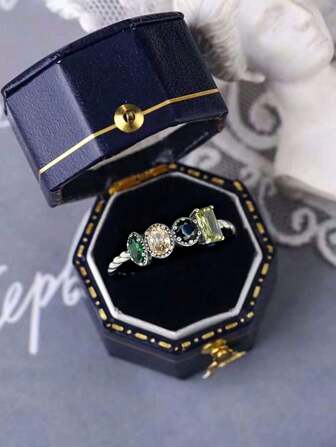 1 pieza Anillo ajustable de plata de ley S925 con forma asimétrica, cuerda trenzada y circonita, joyería fina de mujer para uso diario como regalo