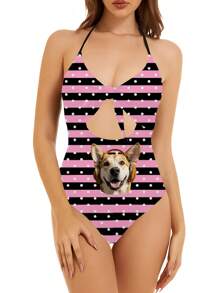 1pc Custom Pet Swimsuit For Women, Women's Hollow Out One-Piece Swimwear, Hollow Bow Accent, Sexy & Fashionable, Customizable Pet, Customize Your Exclusive Pet, Pool, Beach, Holiday, Girls Swimsuit