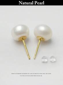 1 Pair 925 Silver Natural Freshwater White Pearl Stud Earrings, Gold Color Jewelry, Personalized Beach Accessories, Holiday Gift For Women
