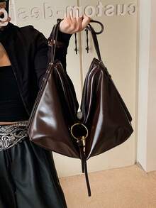 1pc Women's Retro Coffee Color Solid PU Leather Tassel And Ring Decor Fashion Casual Simple Shoulder/Tote Bag, Large Capacity Suitable For Shopping And Daily Use