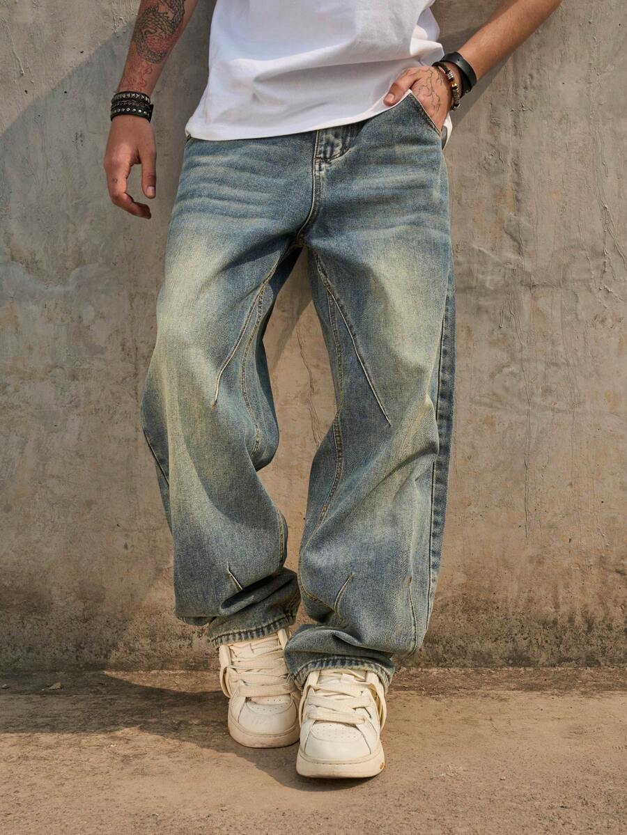 Men's Washed Vintage Style Baggy Straight Leg Jeans, American Casual High Street - Bronze - View 1