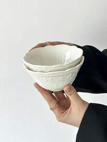 1pc/2pcs French Embossed Flower & Bow Ceramic Bowl, Breakfast Oatmeal Bowl, Fruit Salad Bowl, Afternoon Tea Dessert/Ice Cream Bowl, Household Rice/Pasta Bowl,School Supplies