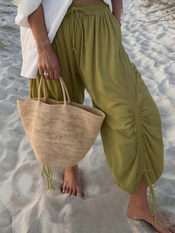 Calças harém femininas com cordão na cintura, plissadas, largas e de pernas largas, estilo boêmio, adequadas para uso casual de férias no verão