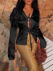 Apperloth A Elegant Women's Spring Solid Long Sleeve Satin Shirt With Open Bow Tie Front Flare Cuff Split Sexy Blouse Top Comfortable Skin-Friendly Daily Casual Rave Music Festival Going Out Party Outfits - Black - View 1