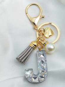 1pc Initial Letter Keychain, Diamond Accented Key Chain Pendant, Minimalist& Fashionable Bag Charm For Men - Silver - View 7