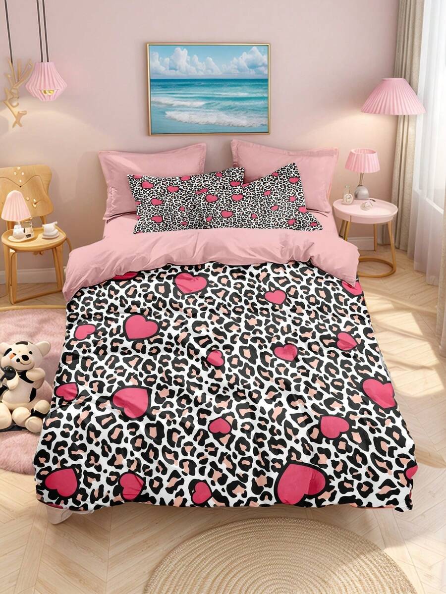Leopard Print & Heart Themed Kids Single Bedding Set, Including Duvet Cover & Comforter, Soft Comfortable Size 160x240 Cm/220x240 Cm For Girls - JYZ-sJT0414 - View 1