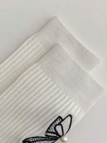 1 Pair Women's Korean Style Socks With Embroidered Bow & Pearl Decor, Fashion Sweet & Cute