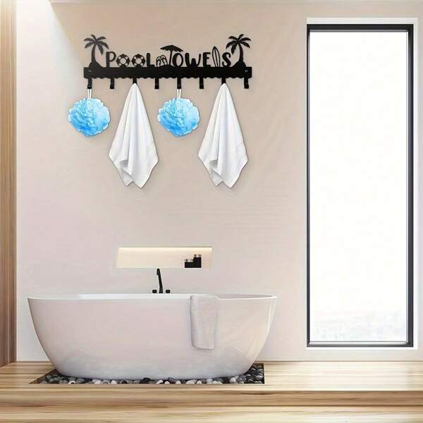Estante toallero para piscina, ganchos de toalla de metal montados en la pared, barra colgadora de toallas para playa, baño, apta para toallas, batas, trajes de baño, chaquetas, bolsos, teléfonos, llaves, color negro, 8 ganchos de almacenamiento