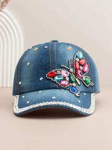 1 Stück Damen Mode Baseball Kappe mit Schmetterling Strass, vielseitig einsetzbarer Outdoor Lässig Sonnenhut mit farbigen Strass-Akzenten