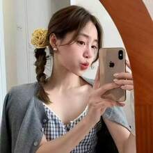 1pc Yellow Plaid Rustic Rose Flower Hair Scrunchie, Elegant Hair Accessory - Yellow - View 4