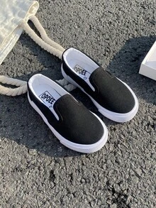 OPOEE 白色帆布鞋幼儿小白运动鞋儿童帆布鞋，韩版简约休闲系带运动鞋，经典帆布鞋，低帮一脚蹬舒适儿童鞋，舞蹈鞋 - 黑色 - 查看 14