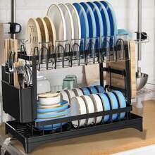 Rustproof Stainless Steel Dish Drying Rack, 2-Tier Large Dish Rack For Kitchen Countertops, Dish Rack With Drainer Plate, Dish Drainer With Utensil Holder And Cup Holder, Dish/Knife/Cup/Cutting Board, Black