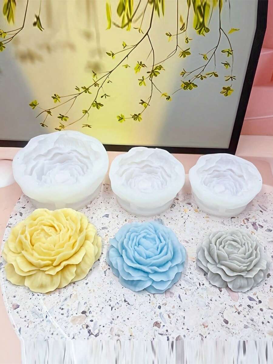 1 套 3D 牡丹花蜡烛模具 - 大号、中号、小号牡丹花蜡烛石膏和硅胶模具 - 白色 - 查看 1