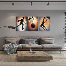 Ensemble de 3 peintures murales sur canevas avec cadre représentant des silhouettes de basketteurs, pour la décoration de la chambre d'ado, du salon, de la salle de bain, de la chambre, de l'hôtel, du Bed & Breakfast, du couloir, du studio, de la salle de classe, du gymnase, de la salle de sport, de la chambre d'enfant, du bureau à domicile. Prêt à accrocher.