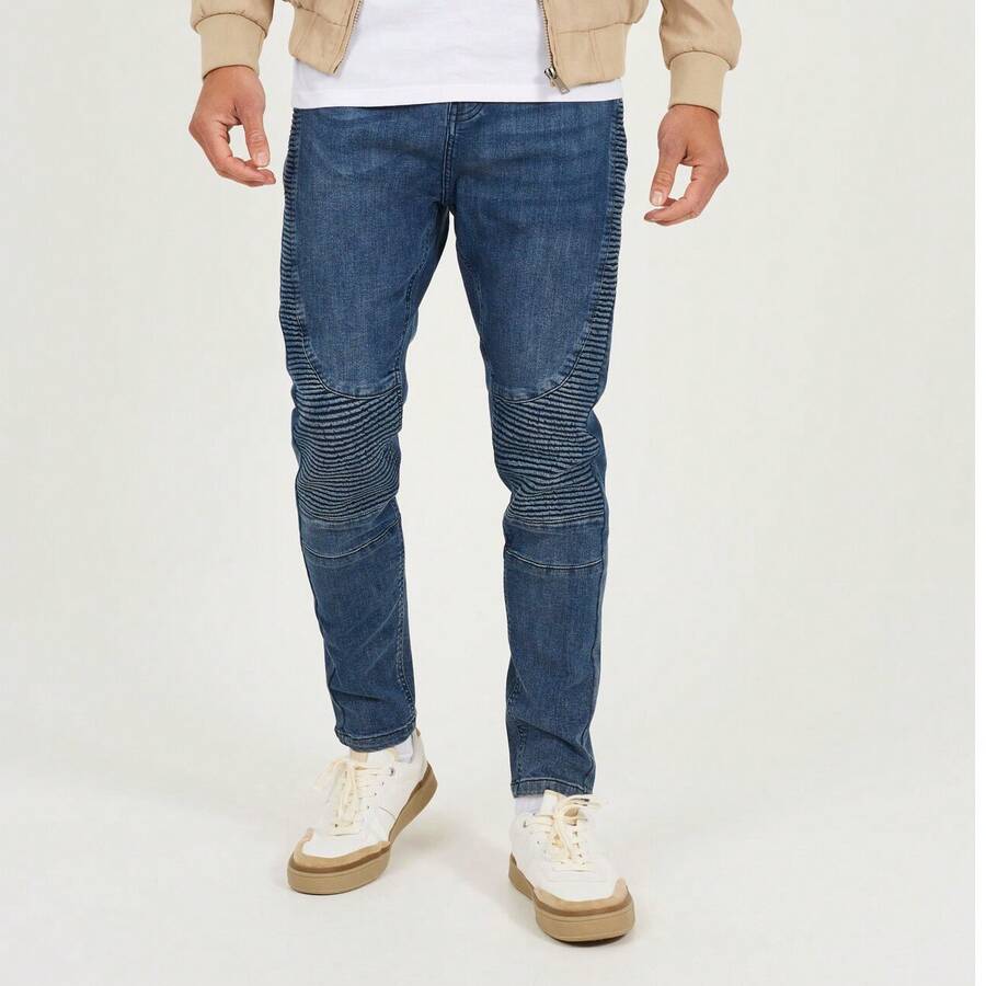 brave soul Skinny Fit Biker Jean - Mid Blue Wash - View 1