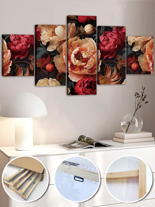 5pcs/Set Flower Wall Art With Frame,5 Piece Floral Canvas Wall Art,Beautiful Bouquet Of Plants,Vintage Colorful Flowers Art Posters,For Bedroom Living Room,Bathroom,Gym,Yoga Studio Decoration,Home Decor,Ready To Hang