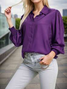 SANOPY Womens Blouses,Blouses For Women Dressy Casual,Women's Solid Color Elegant Casual Button-Down Loose V-Neck Shirt Resort Style Lantern Sleeve Shirt Top - 紫色 - 查看 5