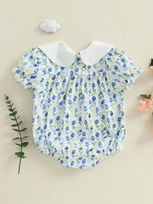 Baby Girls Rompers Tulip Embroidery Round Neck Short Sleeve Infant Bodysuits Jumpsuits - Blue - View 7