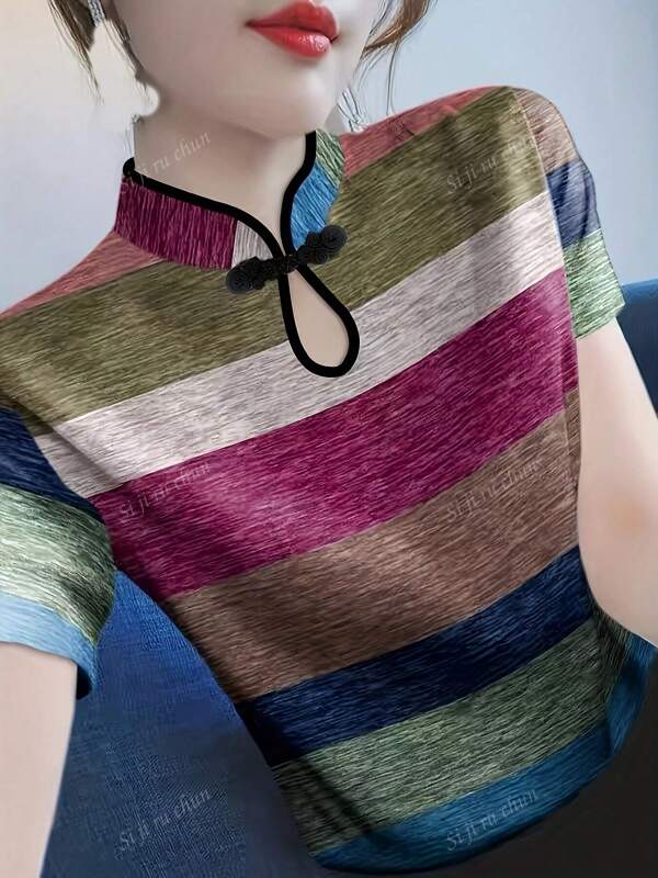 Vintage Cheongsam Style Striped Shirt For Women, Slim Waist Short Sleeve Blouse, Spring/Summer