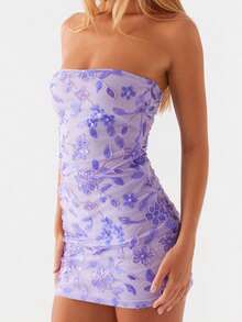 Sequin Beaded Floral Dress Sexy Women Strapless Tube Dress Y2K Off The Shoulder Mini Dress Sparkly Glitter Bodycon Short Dress Bandeau Dress Party Clubwear - 紫色 - 查看 4