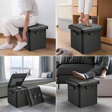 Ottoman Foot Rest Stool With Lock & Handle, Fireproof Folding Leather Footstool Bench With Storage Safe For Living Room Bedroom, Home Office, Dorm, 17x13x13in, Brown - Black - View 4