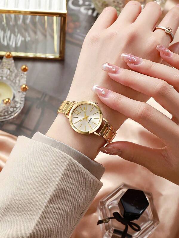 1 Pièce Montre À Quartz Élégante Pour Dames De Couleur Or Avec Des Marques D'heures Mixtes