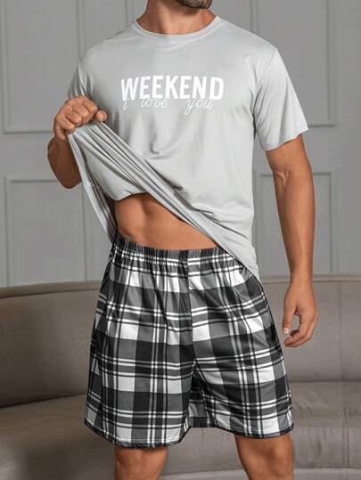 2pcs Thin Sleepwear Set For Men, Round Neck Letter Print Top And Plaid Print Shorts, Casual & Comfortable Home Clothing