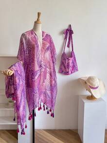 4pcs Women Scarf-Shawl-Hat-Bag Set, Elegant Floral Printed Beach Wrap Scarf+Versatile Scarf+Woven Sun Hat+Fashionable Canvas Tote Bag, Multi-Wear For Vacation Beach, Spring/Summer Travel Accessory Set - Multicolor - View 7